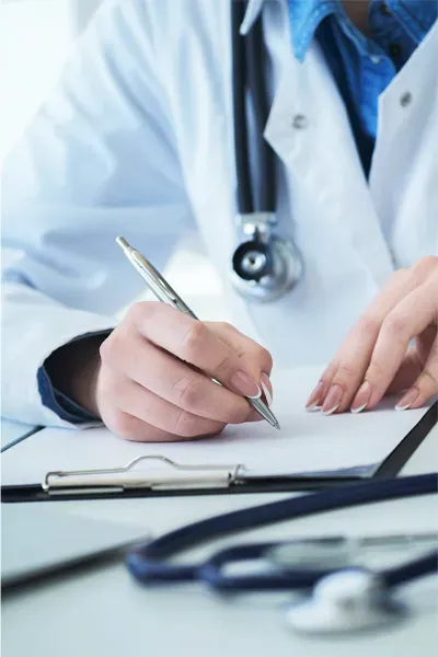 Advanced-Diagnostic-Testing-Treatment Close up of a doctor in a white coat, writing on a notepad, representing functional medicine testing offered by Dr. Stephanie King in Salt Lake City.