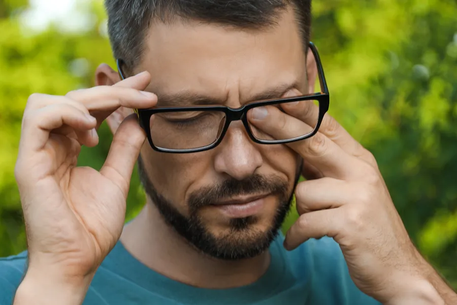 Allergic-Conjunctivitis-Clinic A man with a beard and glasses standing outside and wearing a blue t-shirt lifts his glasses and rubs his eyes due to allergy irritation. Get treatment for allergic conjunctivitis from Dr. Stephanie King in Salt Lake City.