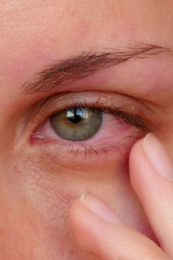 Allergic-Conjunctivitis-Treatment Close-up of a woman touching the edge of her eye which is red due to allergy irritation. Get treatment for allergic conjunctivitis from Dr. Stephanie King in Salt Lake City.