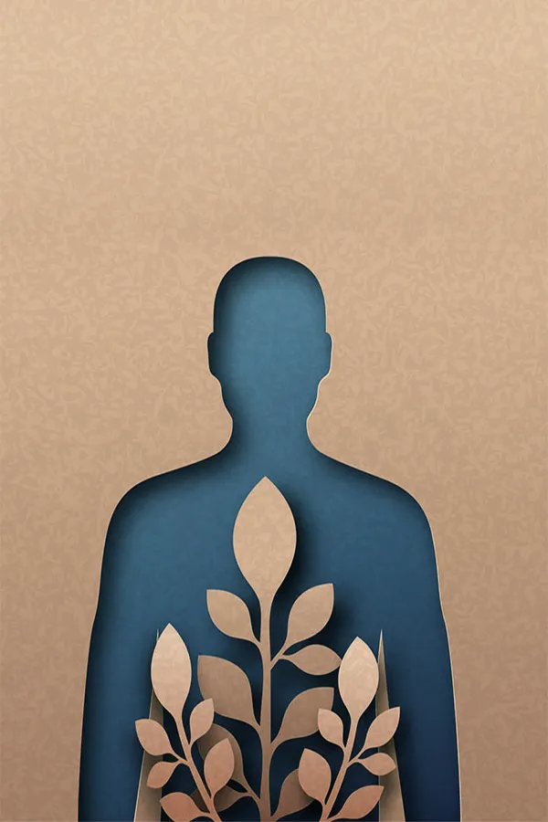 Functional-Medicine-Consultation-Treatment Paper-Cut illustration of a human silhouette overlayed with herbs. Get a functional medicine consultation from Dr. Stephanie King in Salt Lake City.