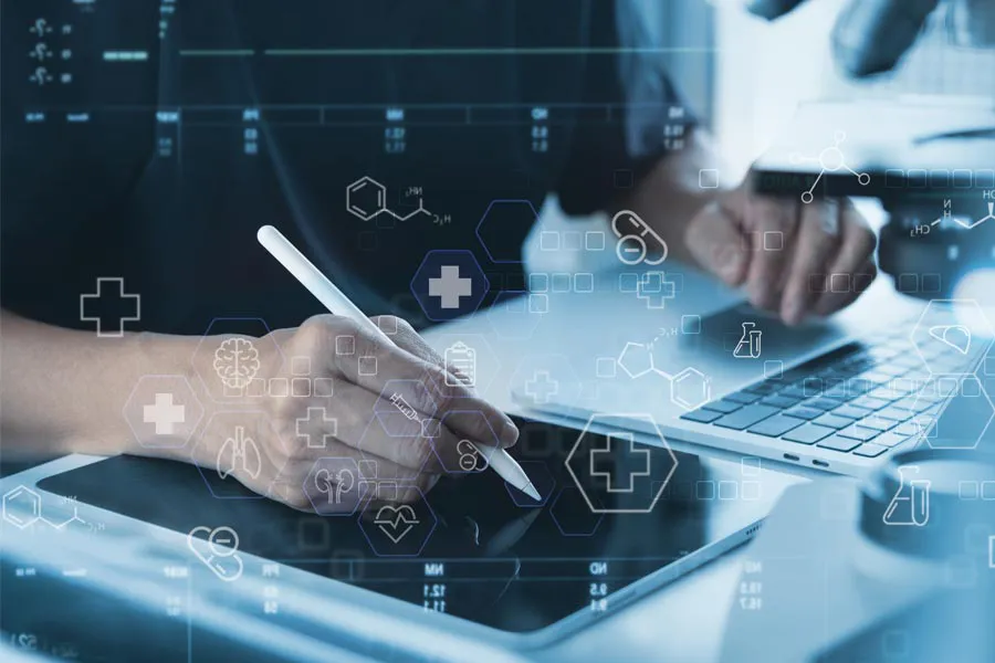 Health-Conditions-Treated-Doctor Close-up of a medical professional using a laptop and tablet, with illustrated medical symbols overlayed on the image, symbolizing health conditions treated by Dr. Stephanie King in Salt Lake City.