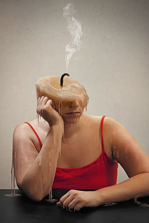 Stress-and-Burnout-Treatment 3D illustration of a woman with a candle for a head burned down to the wick. Get treatment for stress and burnout from Dr. Stephanie King in Salt Lake City.